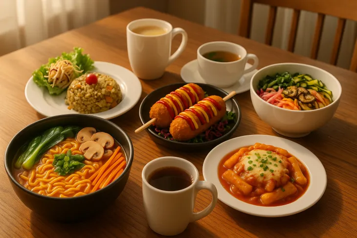 Korean breakfast spread with ramen, kimchi rice, cheese corn dogs, bibimbap, tteokbokki, and coffee served on a wooden table – authentic Korean food by Wang House Korean Café.