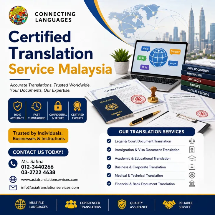 Need a trusted Certified Translation Service Malaysia? offers professional certified translations for legal, academic, immigration, medical, financial, and business documents. Our experienced translators deliver accurate, confidential, and officially accepted translations that meet the requirements of government agencies, universities, embassies, and corporate organizations.