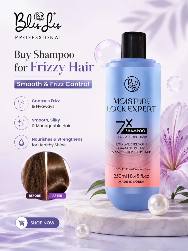 Blislis Professional Moisture Lock Expert 7X shampoo for frizzy hair, shown with a “Buy Shampoo for Frizzy Hair” message, smooth and frizz control benefits, and a before-and-after comparison of frizzy versus smooth, shiny hair.