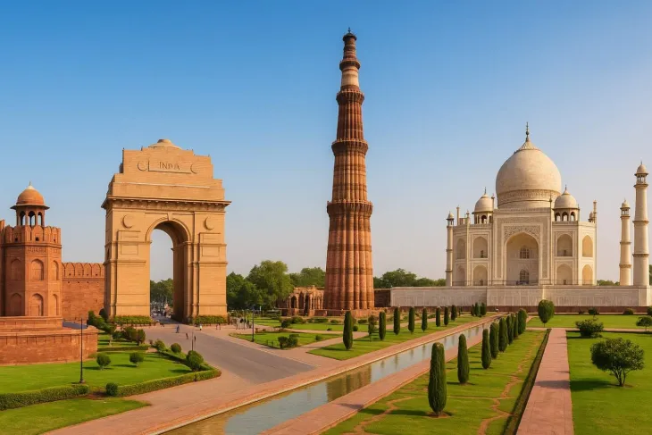 Delhi and Agra sightseeing tour view featuring Red Fort India Gate Qutub Minar and Taj Mahal in a clear landscape scene.