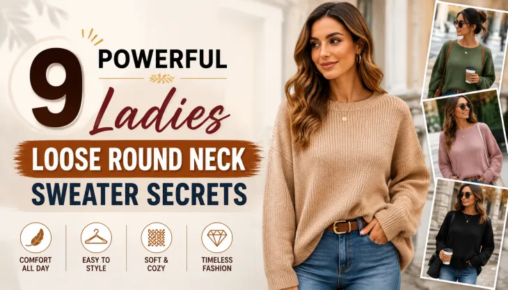 Modern fashion blog banner featuring a stylish woman wearing a loose round neck sweater, with additional outfit variations on the side and bold headline text reading “9 Powerful Ladies Loose Round Neck Sweater Secrets,” designed for a clean, professional lifestyle and fashion article thumbnail.