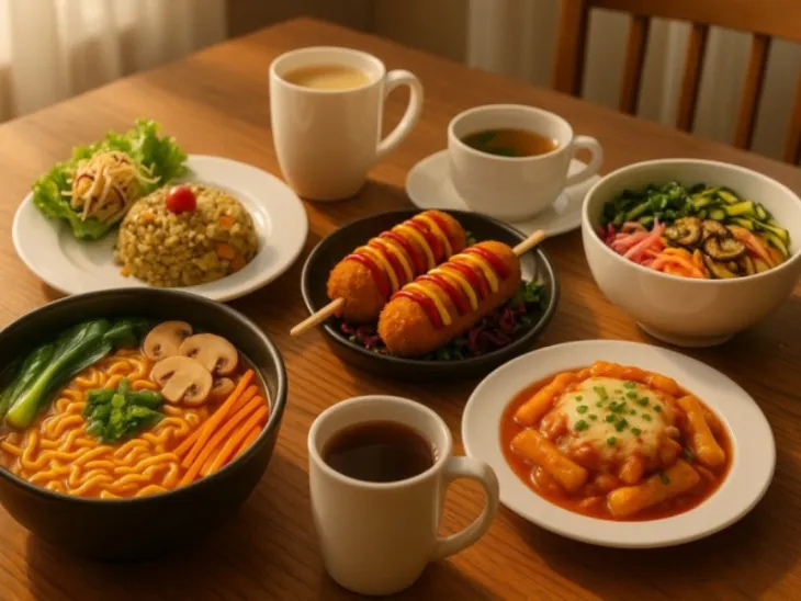 Wang House ramen, tteokbokki, corn dogs, and bibimbap.