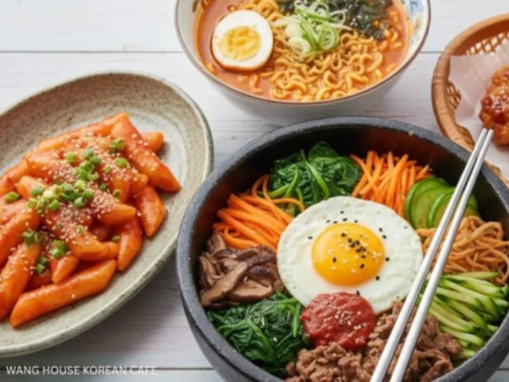 Regional Korean Food at Wang House Korean Cafe – featuring Bibimbap with vegetables and egg, spicy Tteokbokki, and Korean ramen bowl.