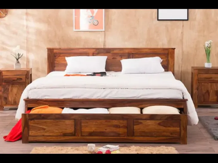 Modern wooden bed design with upholstered headboard and dual storage