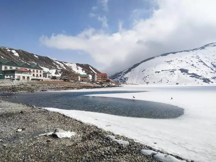 The view of Gokyo Lake and guest houses.