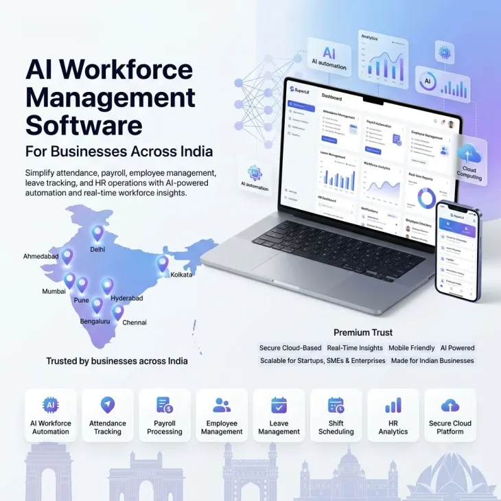 SuperLif AI Workforce Management Software dashboard for attendance, payroll, employee management, and HR automation across India