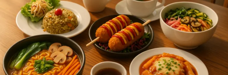 Korean breakfast spread with ramen, kimchi rice, cheese corn dogs, bibimbap, tteokbokki, and coffee served on a wooden table – authentic Korean food by Wang House Korean Café.