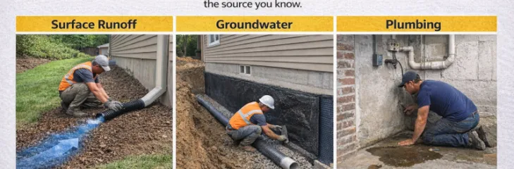 Best practices for exterior basement waterproofing showing three sources of leaks: surface runoff with poor drainage, groundwater causing wet soil and seepage, and plumbing issues with potential leaks in old pipes.