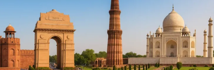 Delhi and Agra sightseeing tour view featuring Red Fort India Gate Qutub Minar and Taj Mahal in a clear landscape scene.