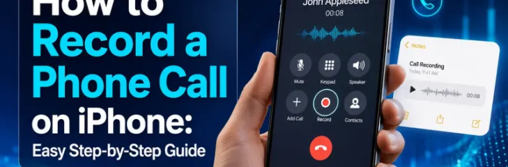 Person using an iPhone to record a phone call with the built-in call recording feature enabled on the screen.
