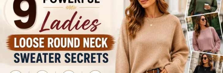 Modern fashion blog banner featuring a stylish woman wearing a loose round neck sweater, with additional outfit variations on the side and bold headline text reading “9 Powerful Ladies Loose Round Neck Sweater Secrets,” designed for a clean, professional lifestyle and fashion article thumbnail.