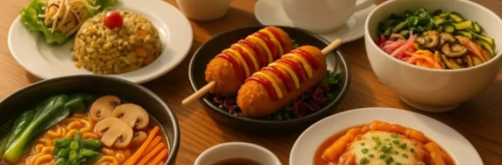 Wang House ramen, tteokbokki, corn dogs, and bibimbap.