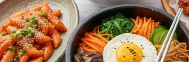 Regional Korean Food at Wang House Korean Cafe – featuring Bibimbap with vegetables and egg, spicy Tteokbokki, and Korean ramen bowl.