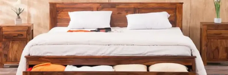 Modern wooden bed design with upholstered headboard and dual storage