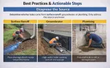 Best practices for exterior basement waterproofing showing three sources of leaks: surface runoff with poor drainage, groundwater causing wet soil and seepage, and plumbing issues with potential leaks in old pipes.