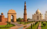 Delhi and Agra sightseeing tour view featuring Red Fort India Gate Qutub Minar and Taj Mahal in a clear landscape scene.