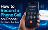 Person using an iPhone to record a phone call with the built-in call recording feature enabled on the screen.