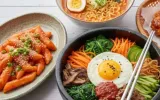 Regional Korean Food at Wang House Korean Cafe – featuring Bibimbap with vegetables and egg, spicy Tteokbokki, and Korean ramen bowl.